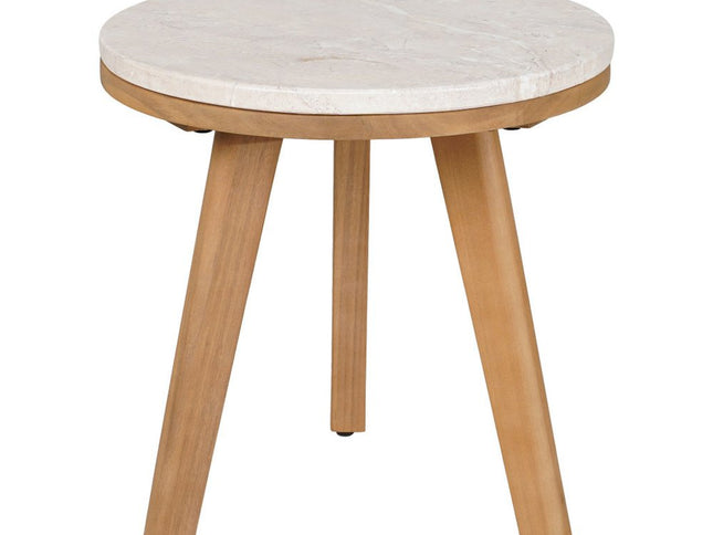 16" White and Natural Faux Marble and Solid Wood Round End Table