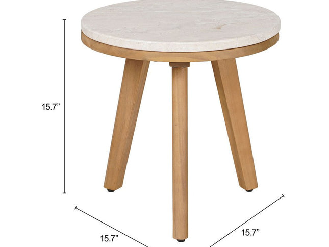 16" White and Natural Faux Marble and Solid Wood Round End Table