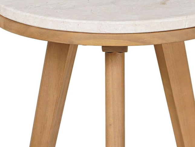 16" White and Natural Faux Marble and Solid Wood Round End Table