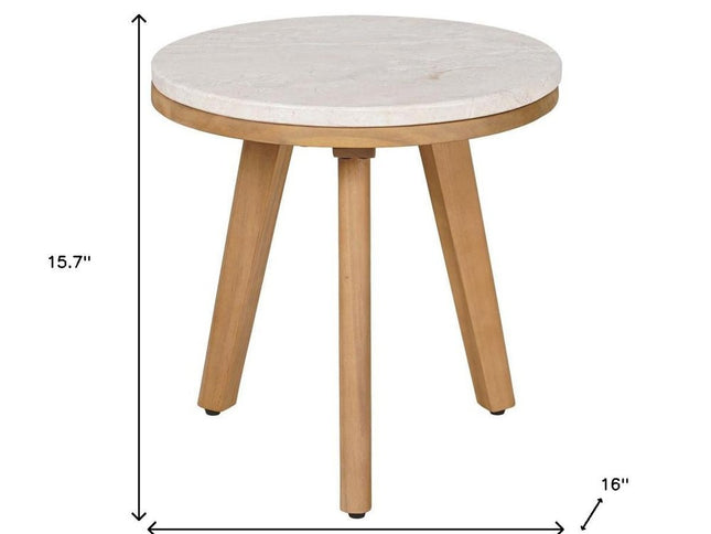 16" White and Natural Faux Marble and Solid Wood Round End Table