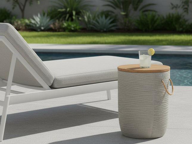 18" Natural and Gray Solid Wood and Faux Concrete Round Drum End Table