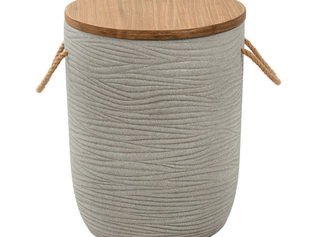 18" Natural and Gray Solid Wood and Faux Concrete Round Drum End Table