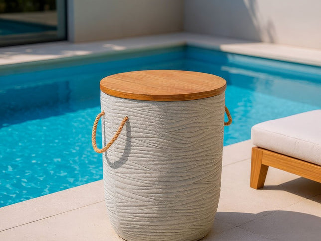 18" Natural and Gray Solid Wood and Faux Concrete Round Drum End Table