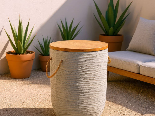 18" Natural and Gray Solid Wood and Faux Concrete Round Drum End Table