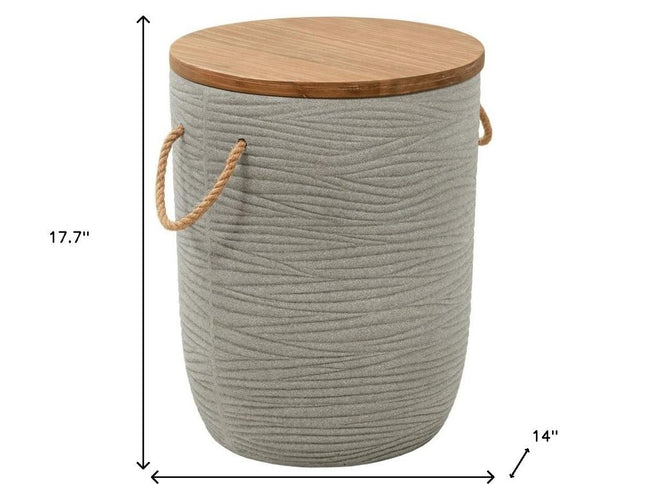 18" Natural and Gray Solid Wood and Faux Concrete Round Drum End Table