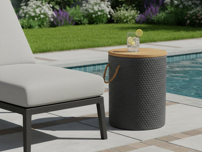 18" Natural and Black Solid Wood and Faux Concrete Round Block End Table