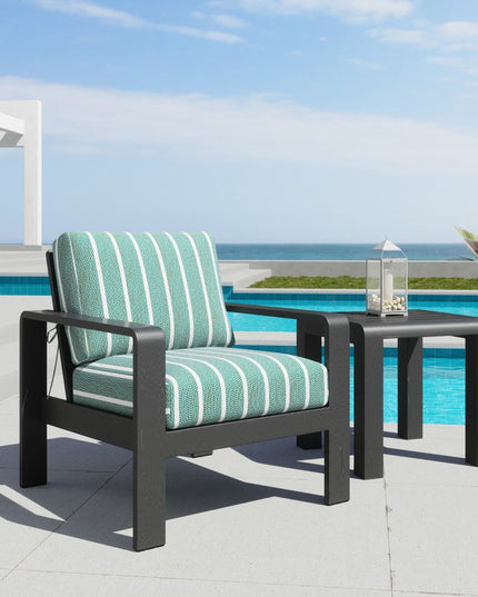 33" Green White and Black Upholstered and Aluminum Striped Arm Chair