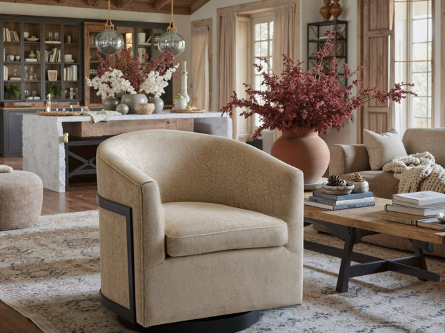 30" Beige Upholstered Swivel Arm Chair