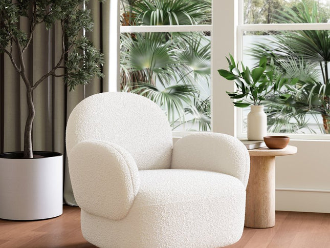 35" White Upholstered Swivel Arm Chair
