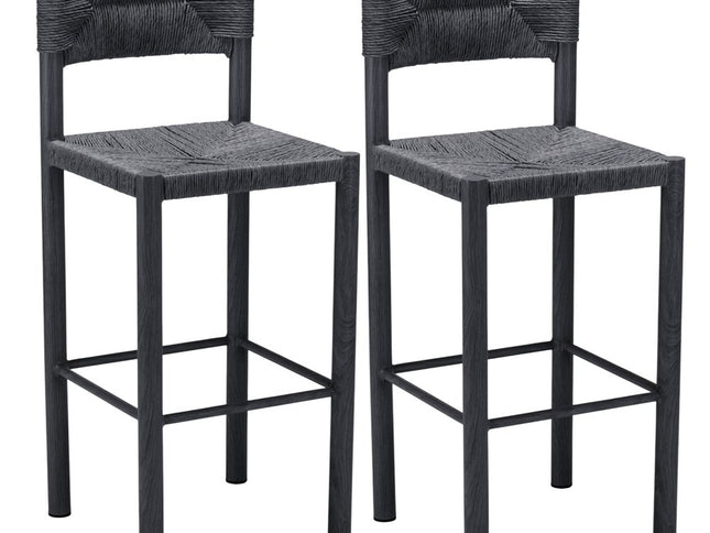 Set of Two 30" Black Rattan and Aluminum Low Back Bar Height Bar Chairs