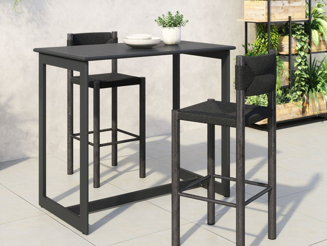 Set of Two 30" Black Rattan and Aluminum Low Back Bar Height Bar Chairs