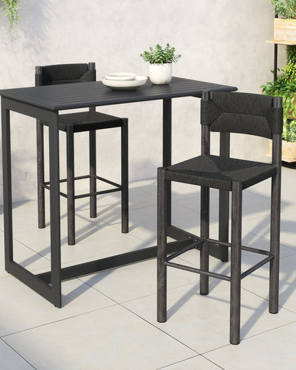Set of Two 30" Black Rattan and Aluminum Low Back Bar Height Bar Chairs