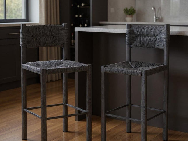 Set of Two 30" Black Rattan and Aluminum Low Back Bar Height Bar Chairs