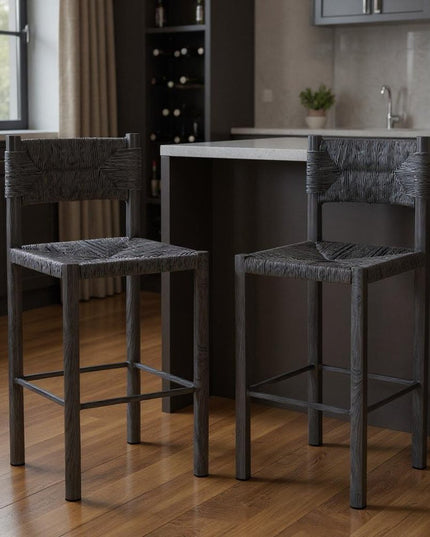 Set of Two 30" Black Rattan and Aluminum Low Back Bar Height Bar Chairs