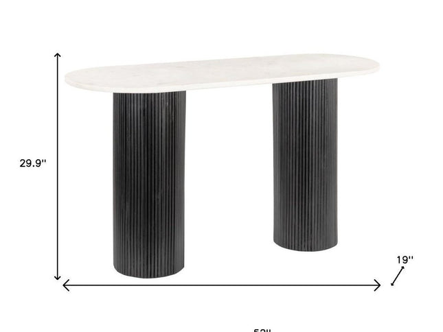 52" White and Black Genuine Marble and Solid Wood Oval Double Pedestal Console Table