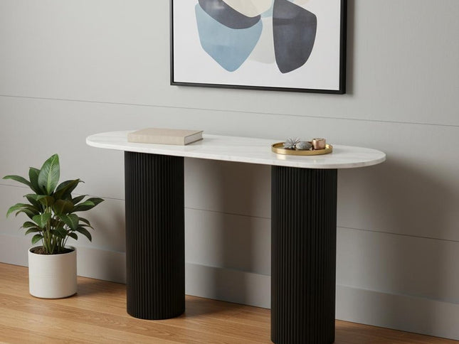 52" White and Black Genuine Marble and Solid Wood Oval Double Pedestal Console Table