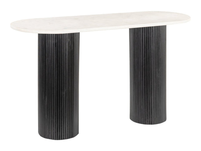 52" White and Black Genuine Marble and Solid Wood Oval Double Pedestal Console Table