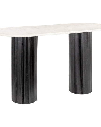 52" White and Black Genuine Marble and Solid Wood Oval Double Pedestal Console Table