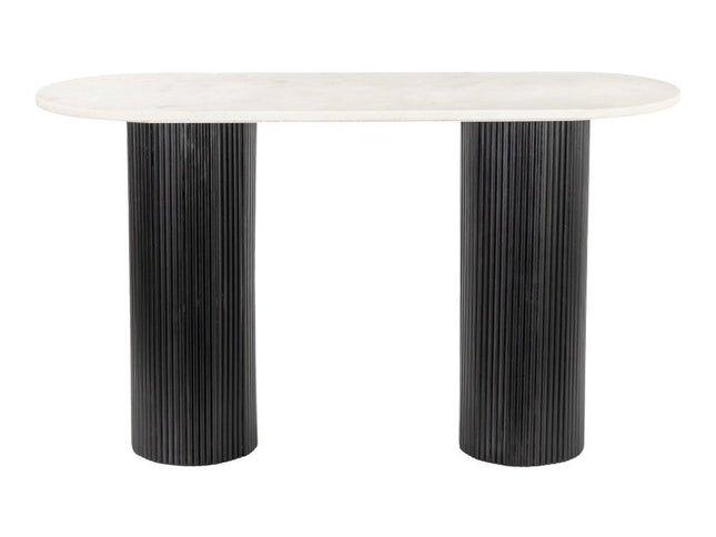 52" White and Black Genuine Marble and Solid Wood Oval Double Pedestal Console Table