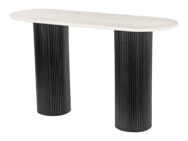 52" White and Black Genuine Marble and Solid Wood Oval Double Pedestal Console Table