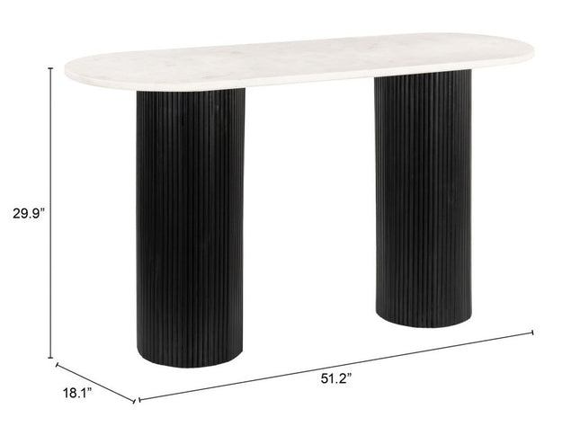 52" White and Black Genuine Marble and Solid Wood Oval Double Pedestal Console Table