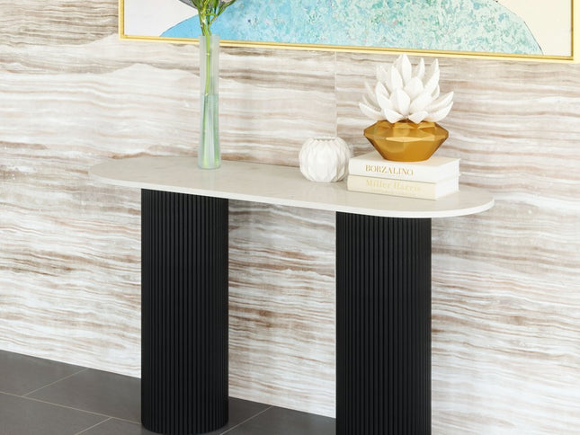 52" White and Black Genuine Marble and Solid Wood Oval Double Pedestal Console Table