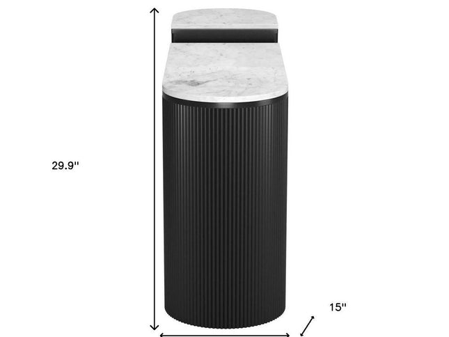 Set of Two 35" White and Black Genuine Marble and Solid Wood Oval Solid Console Tables