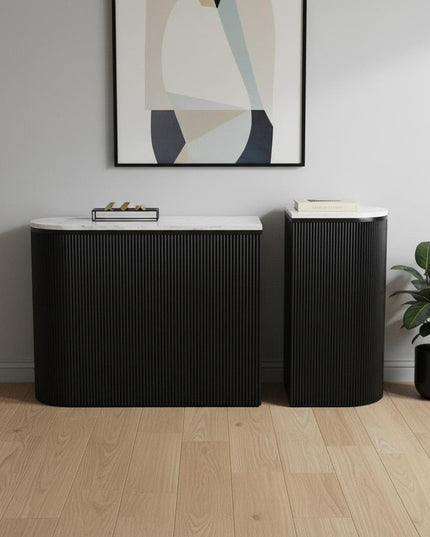 Set of Two 35" White and Black Genuine Marble and Solid Wood Oval Solid Console Tables