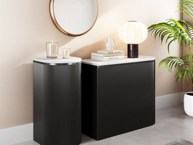 Set of Two 35" White and Black Genuine Marble and Solid Wood Oval Solid Console Tables