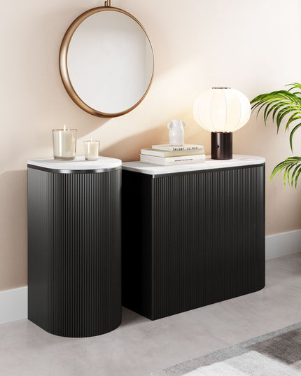 Set of Two 35" White and Black Genuine Marble and Solid Wood Oval Solid Console Tables