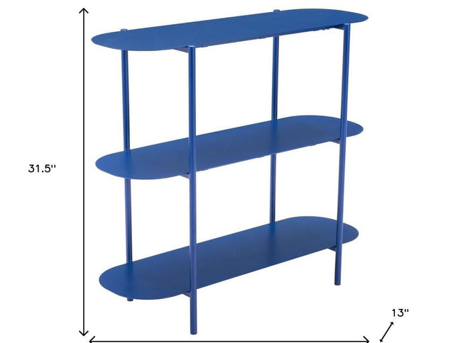 36" Blue Steel Oval Console Table With Two Shelves