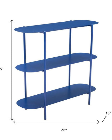 36" Blue Steel Oval Console Table With Two Shelves