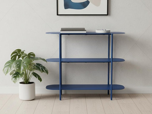 36" Blue Steel Oval Console Table With Two Shelves