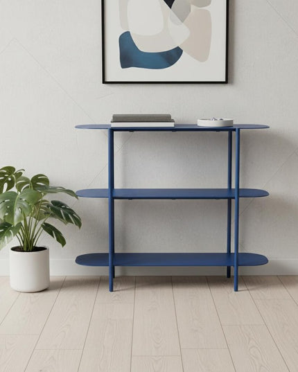 36" Blue Steel Oval Console Table With Two Shelves