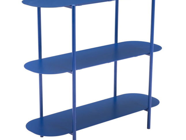 36" Blue Steel Oval Console Table With Two Shelves