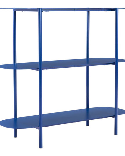 36" Blue Steel Oval Console Table With Two Shelves