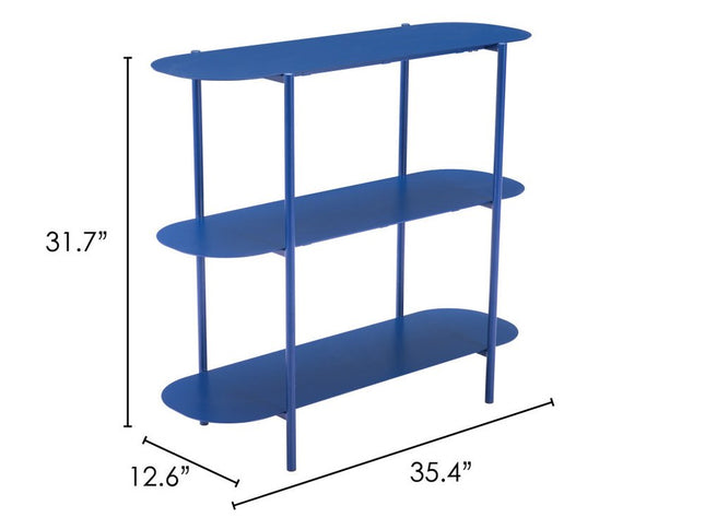 36" Blue Steel Oval Console Table With Two Shelves