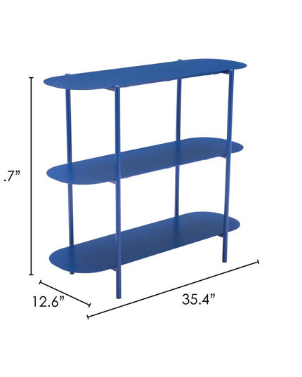 36" Blue Steel Oval Console Table With Two Shelves