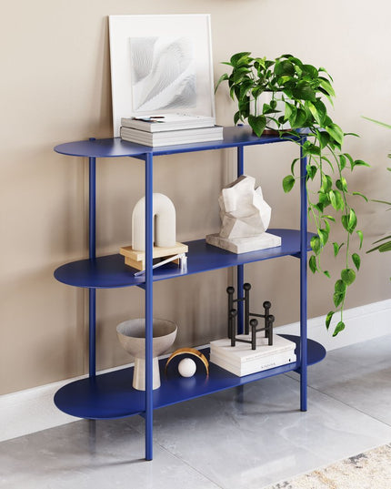 36" Blue Steel Oval Console Table With Two Shelves