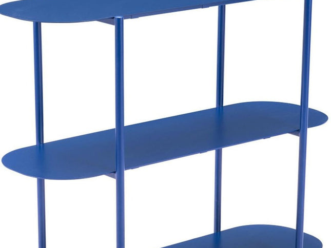 36" Blue Steel Oval Console Table With Two Shelves