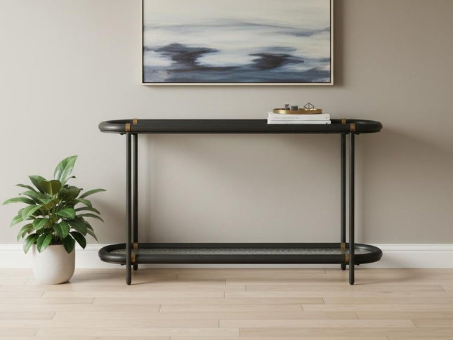 52" Black and Clear Glass Solid Wood and Steel Oval Console Table With Shelf