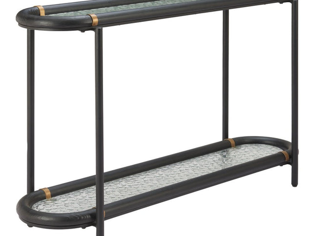 52" Black and Clear Glass Solid Wood and Steel Oval Console Table With Shelf