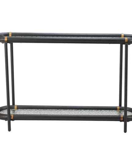52" Black and Clear Glass Solid Wood and Steel Oval Console Table With Shelf