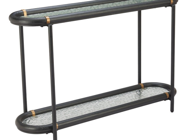 52" Black and Clear Glass Solid Wood and Steel Oval Console Table With Shelf