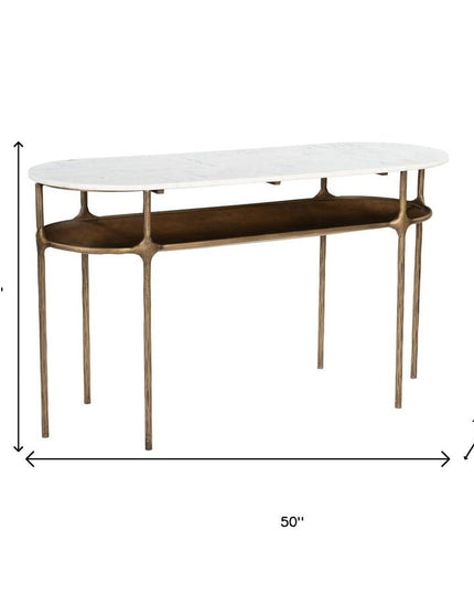 50" White and Brass Genuine Marble and Iron Oval Six Leg Console Table With Shelf