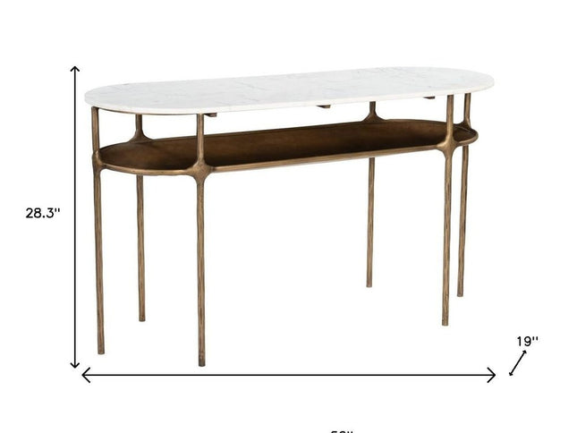 50" White and Brass Genuine Marble and Iron Oval Six Leg Console Table With Shelf