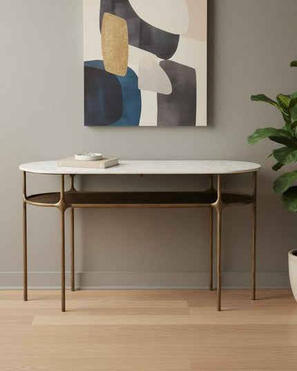 50" White and Brass Genuine Marble and Iron Oval Six Leg Console Table With Shelf