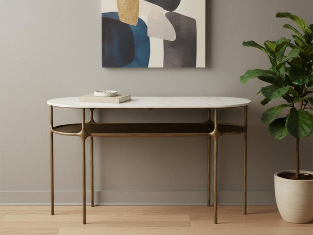 50" White and Brass Genuine Marble and Iron Oval Six Leg Console Table With Shelf
