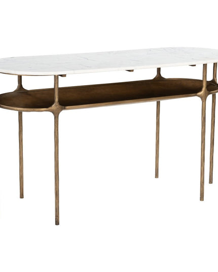 50" White and Brass Genuine Marble and Iron Oval Six Leg Console Table With Shelf