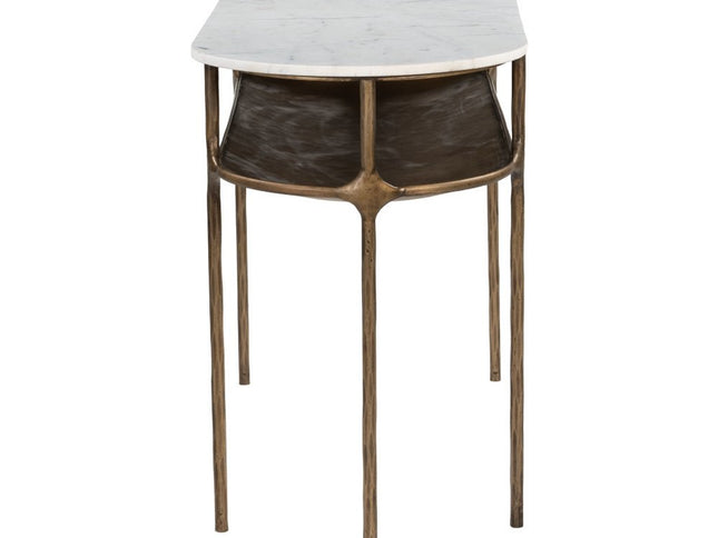 50" White and Brass Genuine Marble and Iron Oval Six Leg Console Table With Shelf